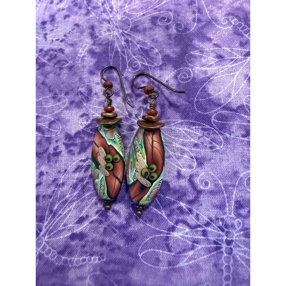 Womens Dangle Earrings Multi Color Polymer Clay Floral Drop Artsy Boho Earthy